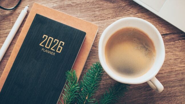 A 2026 planner and cup of coffee