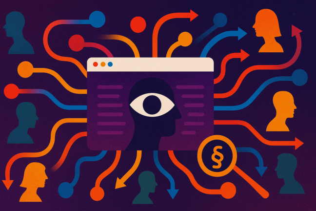 Abstract digital illustration showing online behavioural tracking. Central web browser with an eye symbol represents surveillance, surrounded by human silhouettes and colourful arrows depicting data flow and personal data collection
