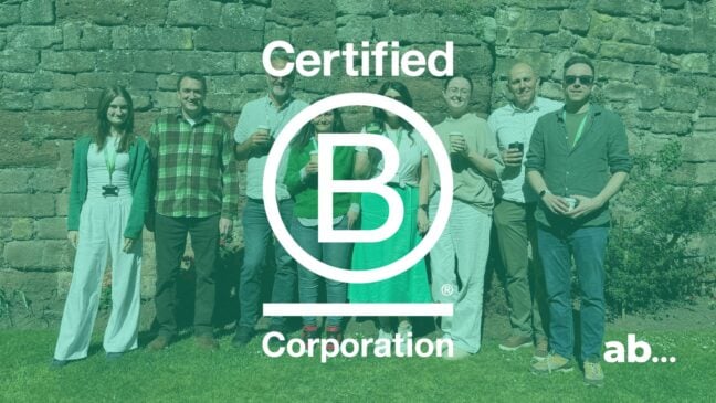 The AB team with a green overlay and B Corp logo