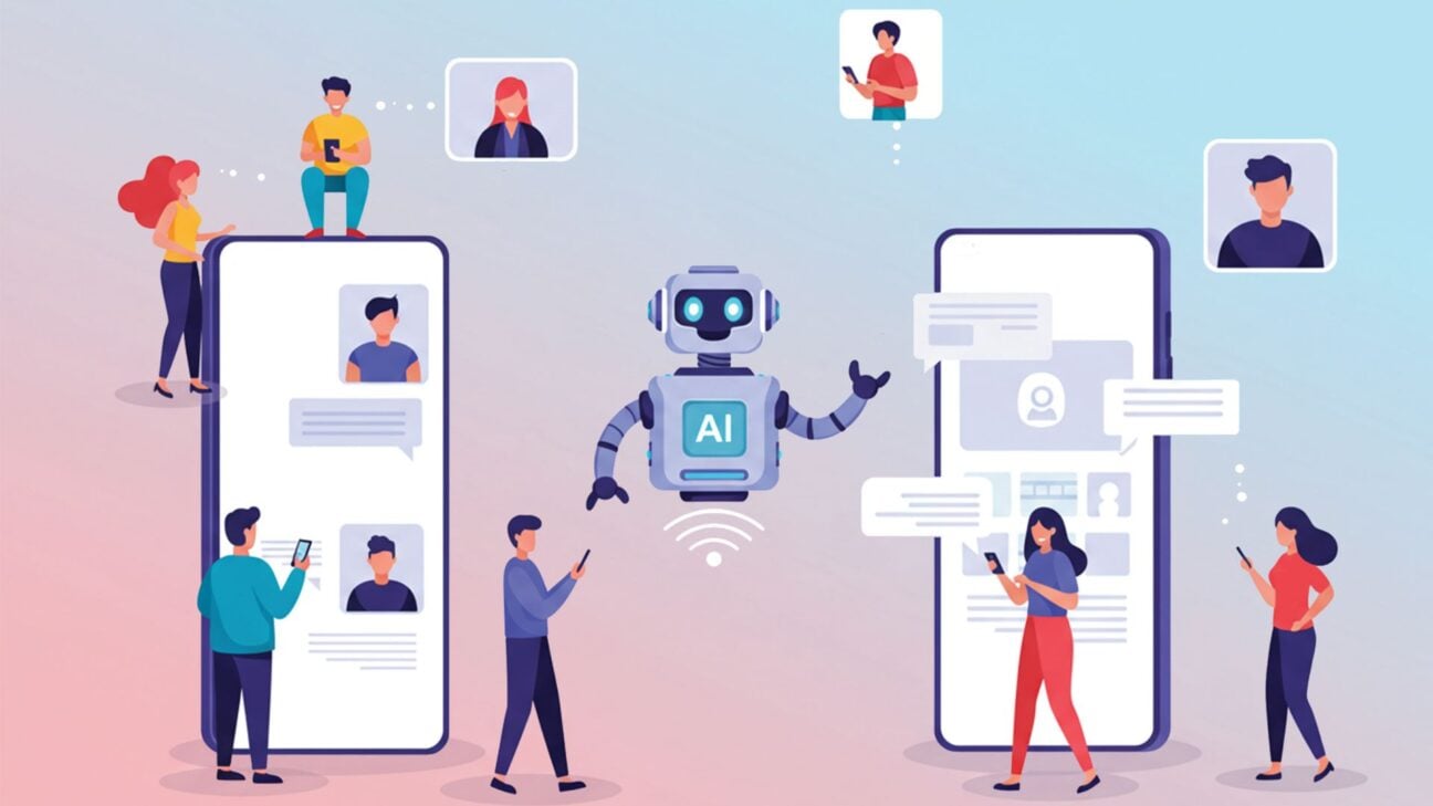 A graphic of a robot which says AI on its chest, with two large smartphone screens either side