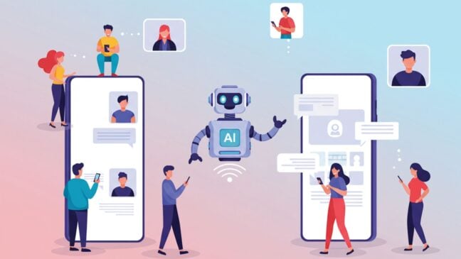 A graphic of a robot which says AI on its chest, with two large smartphone screens either side