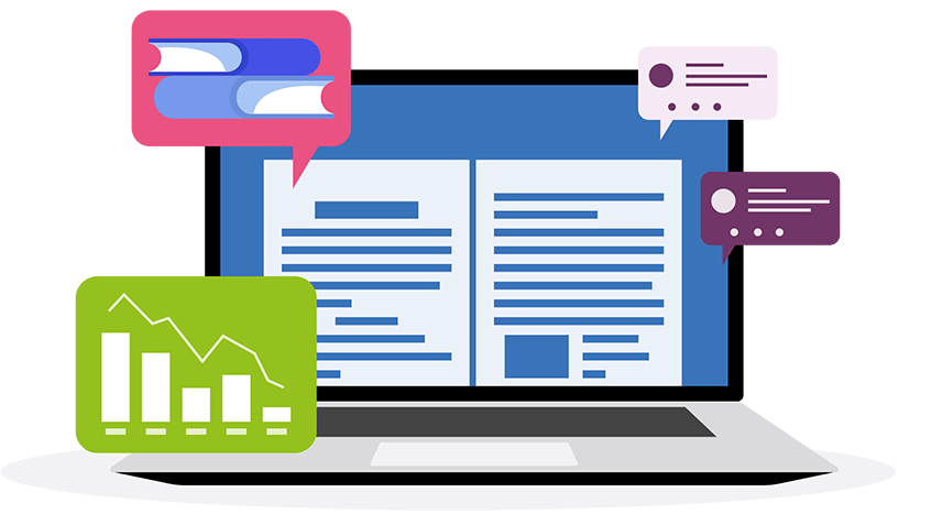 Illustration of a laptop computer showing tools and resources.